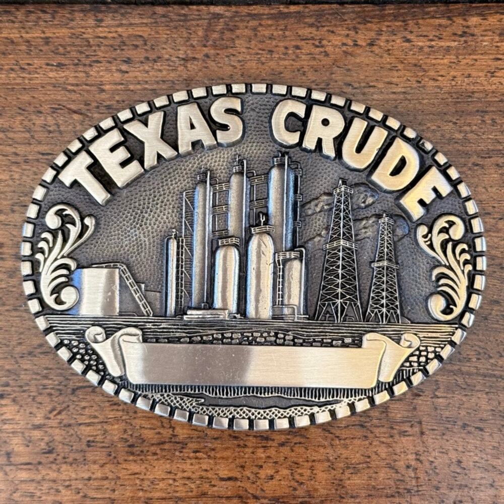 VINTAGE 1980s **TEXAS CRUDE** OILFIELD SOLID BRASS BELT BUCKLE